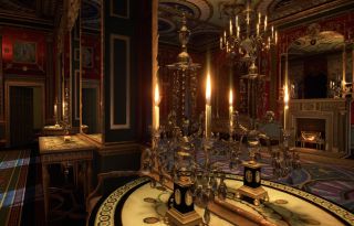 A virtual reality view of an ornate room with a gold candle holders, mirrors, and a door in the back.