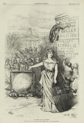 A newspaper illustration of a woman with one hand open toward a circular glass ballot box. A crowd of people are in the background and someone paints a poster on a wall in the background.