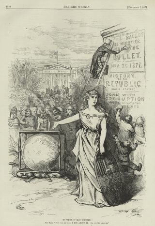 A newspaper illustration of a woman with one hand open toward a circular glass ballot box. A crowd of people are in the background and someone paints a poster on a wall in the background.