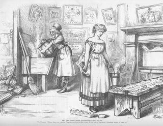 A newspaper illustration of a woman cleaning graffiti off a bench and a man pouring a bucket of water in the background.