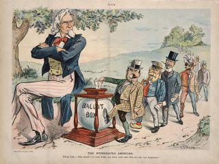 A newspaper illustration of a large man with his arms and legged crossed looking angry at a line of people putting their vote in the ballot box. The line of men are dressed half in Western wear, with the other half is in stereotypical dress from other countries.
