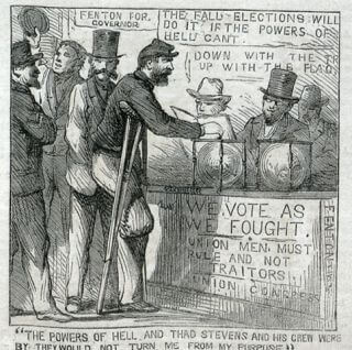 A newspaper illustration of a man on crutches and missing his right leg putting his vote in a circular glass ballot box. A line of men are in line behind the voter.