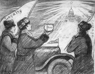 An illustration of three women outside of a capital building, with two holding flags and one holding a circular glass ballot box.