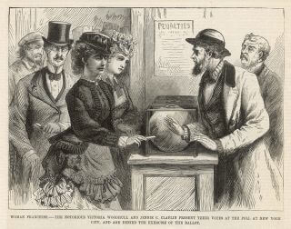 A newspaper illustration of a woman adding her vote to the circular glass ballot box with a man holding his hands out