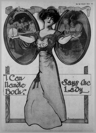 A cartoon featuring a woman in the center saying "I can handle both" as she holds a ballot box in one hand and a cradle in the other